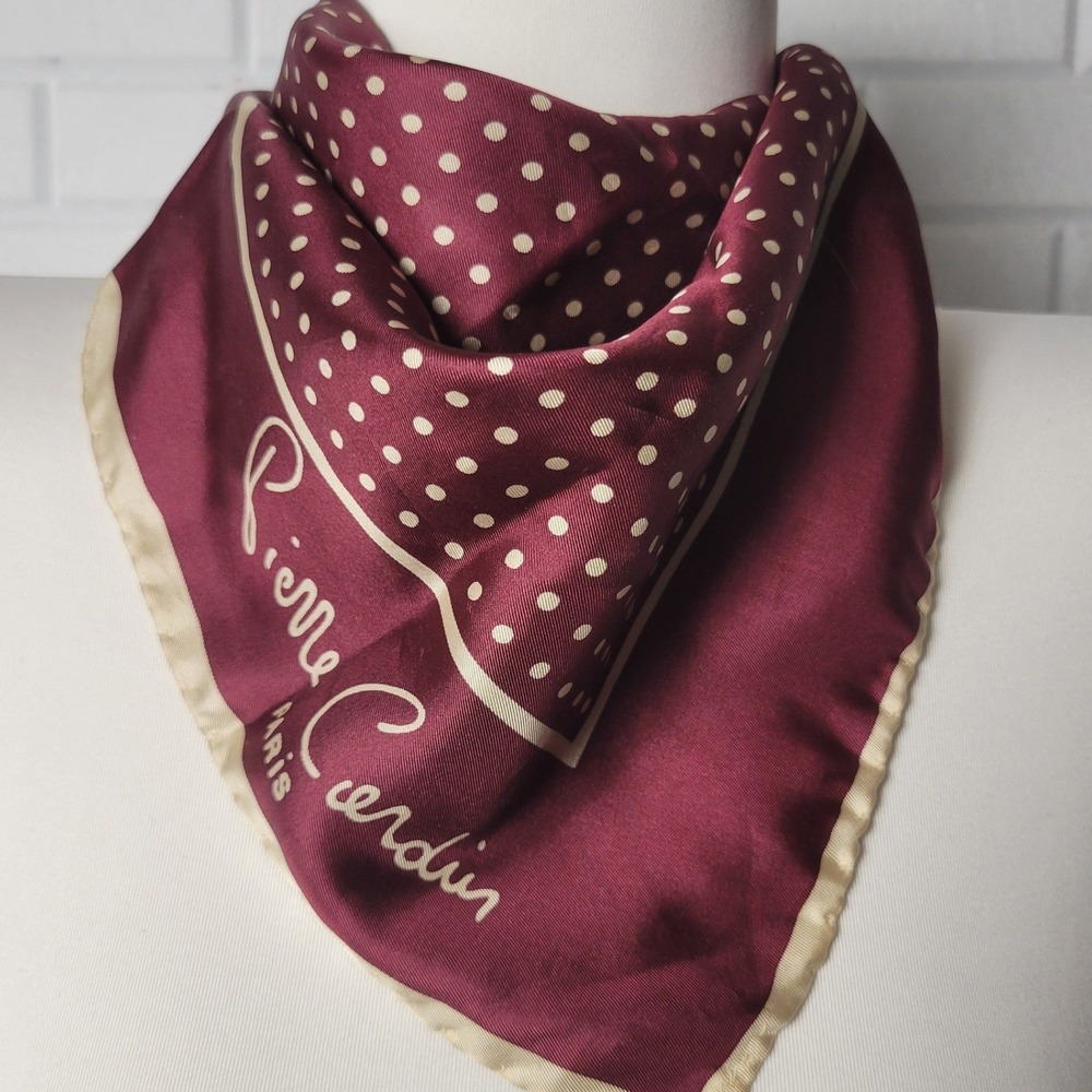 Vintage 1970s Pierre Cardin Scarf Burgundy Polka Dot Silk Twill Italy